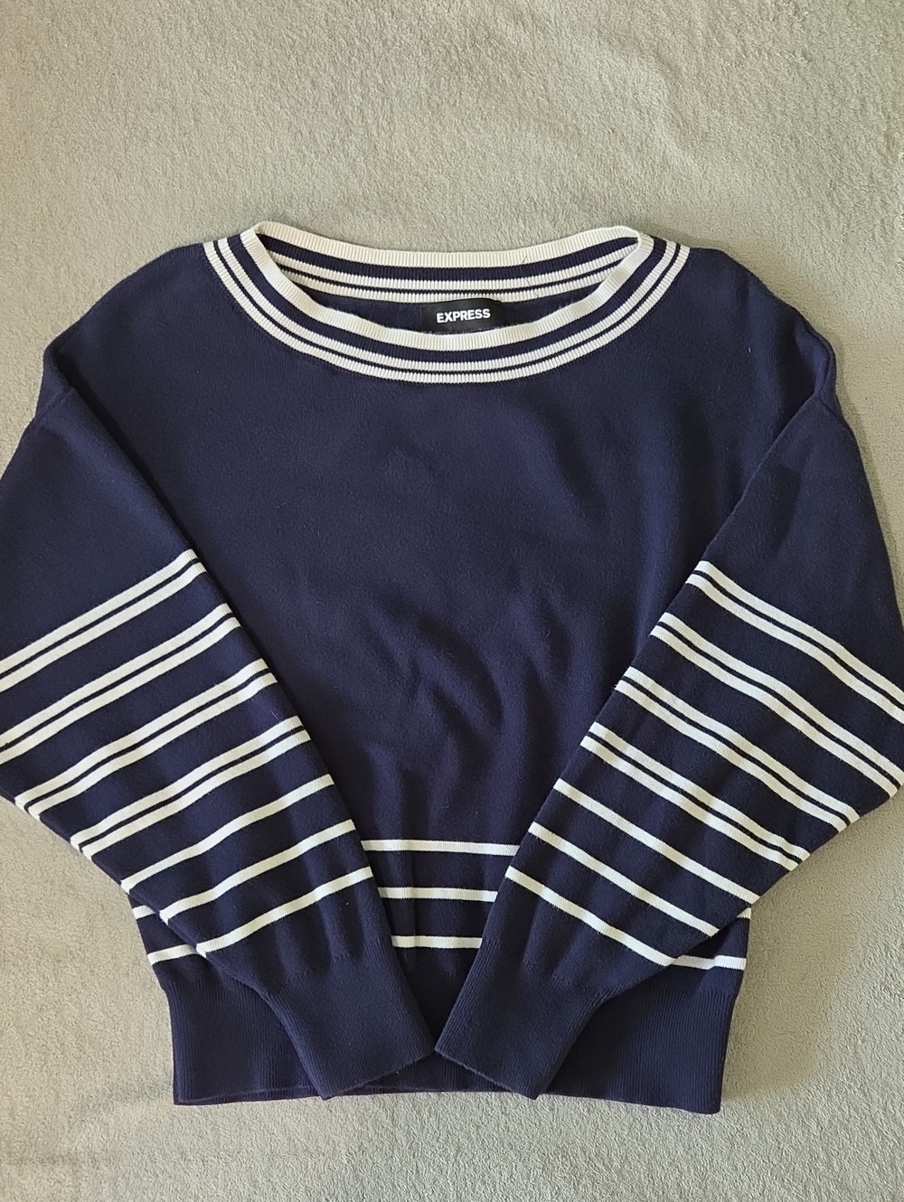 Express Navy and White Striped Crewneck Sweater